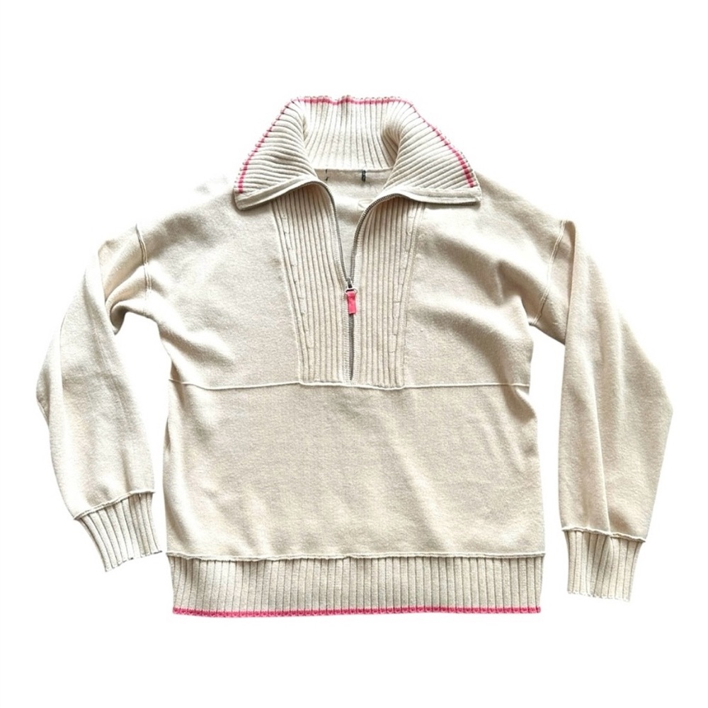 Women's Cream Half-Zip Ribbed Collar Pink Trim Long Sleeve Sweater Size Large